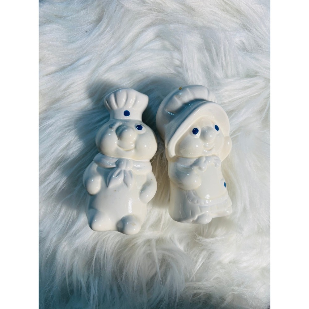 Vintage Ceramic Pillsbury Salt & Pepper Shakers White Blue Japan Kitsch MCM